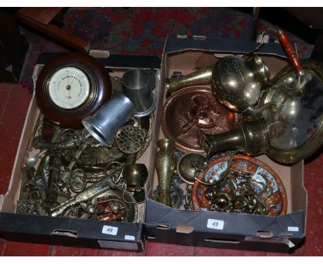 Two boxes of mixed metalwares including brass ornaments, pewter tankards, porthole themed mirror, barometer etc.