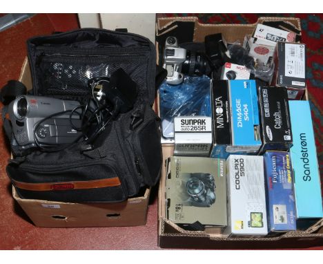 Two boxes of photographic equipment including digital video camera, a Minolta Dynax 505si 35mm SLR camera, boxed digital comp