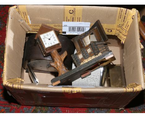 A box of vintage clocks including Smiths and a novelty example with musical movement.