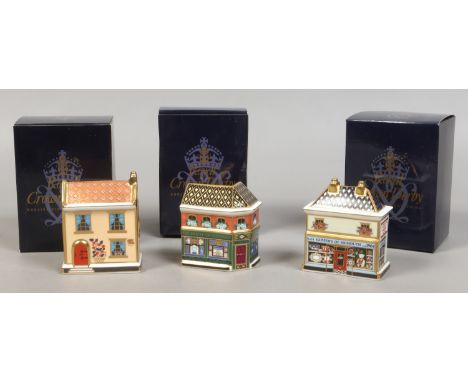 Three boxed Royal Crown Derby miniature shops to include gold back stamp edition of Goviers Chine Shop, The House of Windsor 