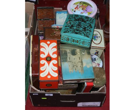 A box of mostly vintage storage tins including Cadburys, Gold Flake number 1, Milday, Ringtons etc.