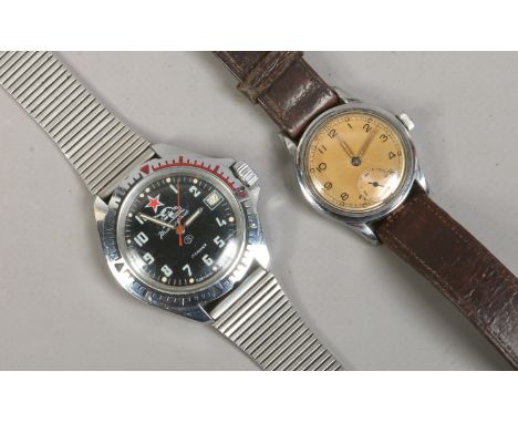 A gentlemans military issue stainless steel manual Swiss wristwatch, broad arrow mark, not running. along with a gentlemans R
