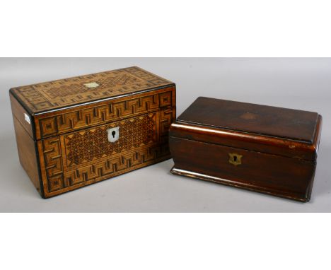 A Victorian parquetry inlaid tea caddy with mother of pearl cartouche, along with a mahogany tea caddy.