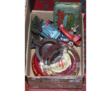 A small collection of Diecast toy cars, vintage advertising tin and breweriana.
