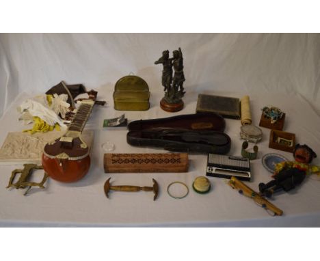 Small Zitar, miniature violin, Pelham Puppet, various costume jewellery / gloves etc (AF)