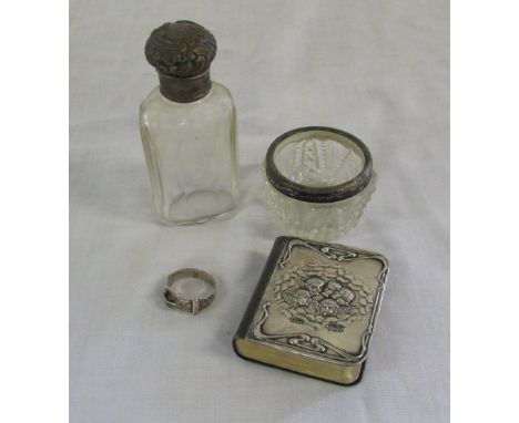 Miniature silver topped bible Birmingham 1909, silver topped bottle London 1892, silver top glass pot Birmingham 1905 and a r