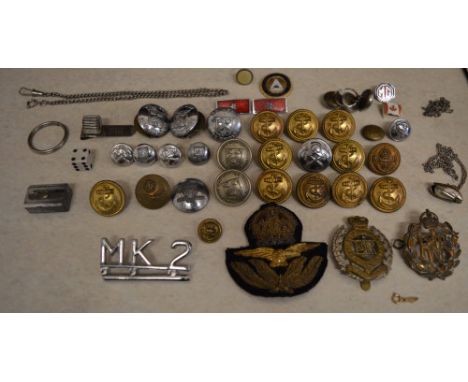 Military badges and various buttons, including Grimsby Fire Brigade and Grimsby Corporation Tramways, small enamel badges and