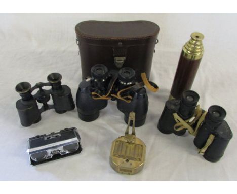 Various binoculars inc Taylor Hobson 1943 & Ross London, Stanley London Natural Sine brass compass & telescope