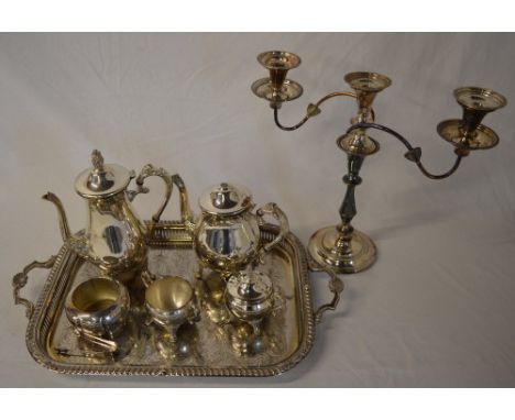 Silver plate tea & coffee set (damage to finial / hinge) and a silver plate tray