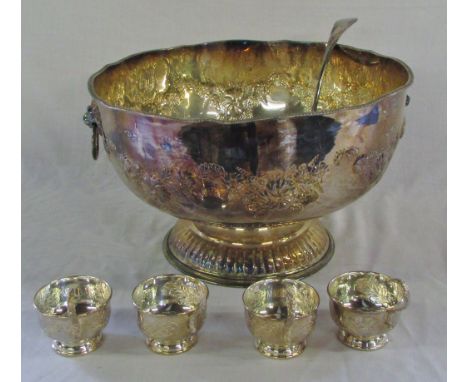 Large silver plate punch bowl by Clark Bros. D 39 cm H 23.5 cm with a ladle and 4 cups (not matching)