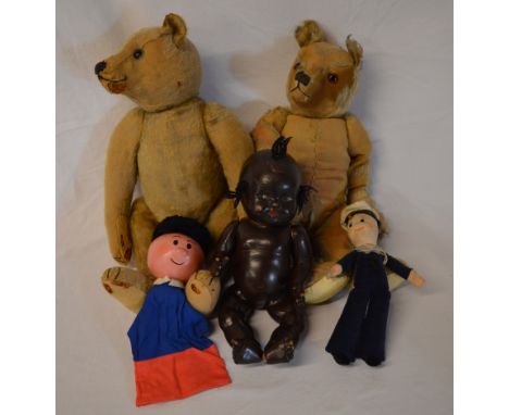2 vintage teddy bears, a childs doll, small Florence puppet and a sailor 'Free Enterprise' soft toy
