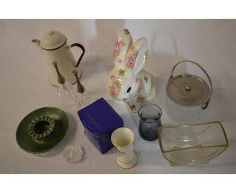 Ceramic bunny figure, Poole ashtray, Coalport vase, glass bells etc