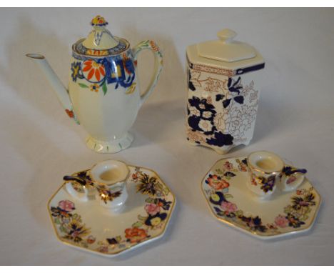2 Masons chambersticks, coffee pot and a hexagonal tea caddy