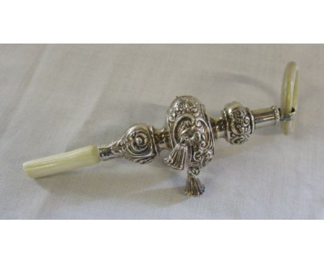 Silver baby's rattle with mother of pearl teething ring and ivory handle (hallmarks indistinguishable)