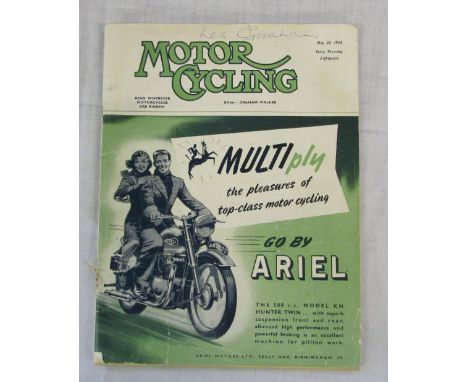 Motor Cycling magazine dated May 1953 signed on the front cover Les Graham