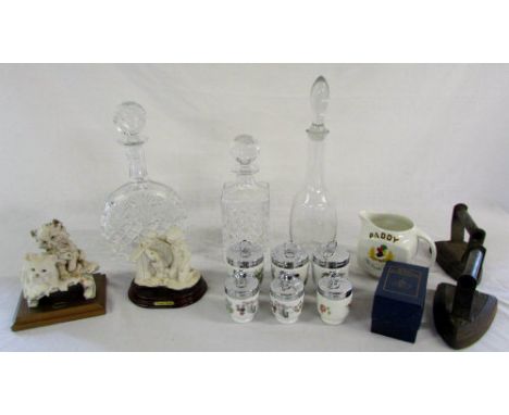 Assorted items inc decanters, Worcester egg coddlers, Florence Giuseppe Armani figures and 2 flat irons