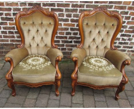 2 reproduction Victorian button back armchairs
