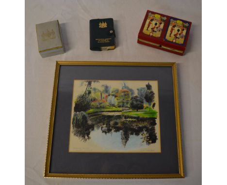 3 packs of playing cards and a framed painting of Botanical Gardens,  Dublin, signed Caroline Holden