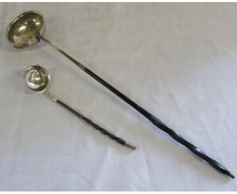 Large silver plate toddy ladle L 36 cm and small silver toddy ladle Edinburgh 1871 L 17 cm both with twist handles
