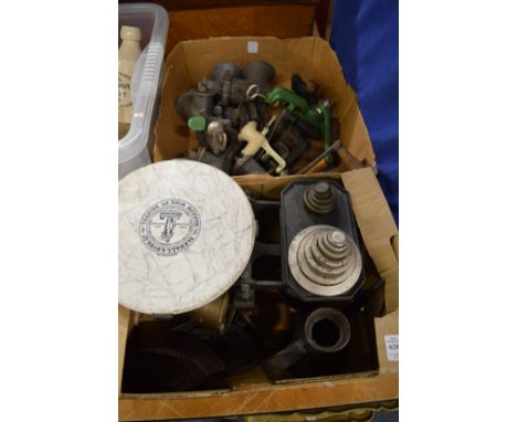 Old weighing scales,  flat irons, collection of cast iron mincers etc.
