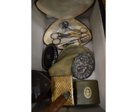 Miscellaneous collectables to include a snuff box, an embossed white metal buckle, evening purse, walking stick etc.