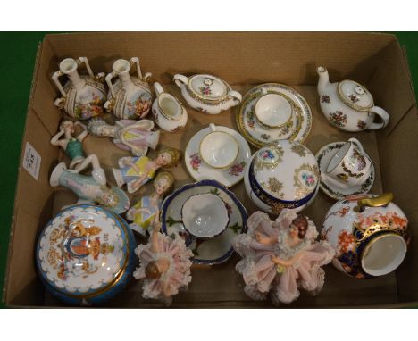 Porcelain pin dollies and other collectable miniature china to include a Coalport Ming Rose miniature tea service etc.
