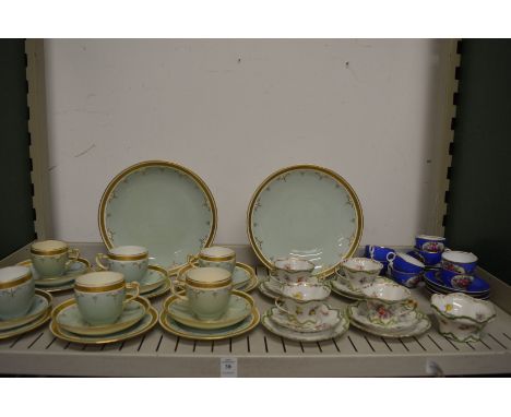 Minton gilt decorated part tea service, other tea ware to include Russian floral decorated cups and saucers.