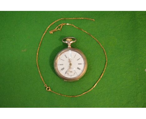 A Continental silver cased pocket watch and a yellow metal chain.