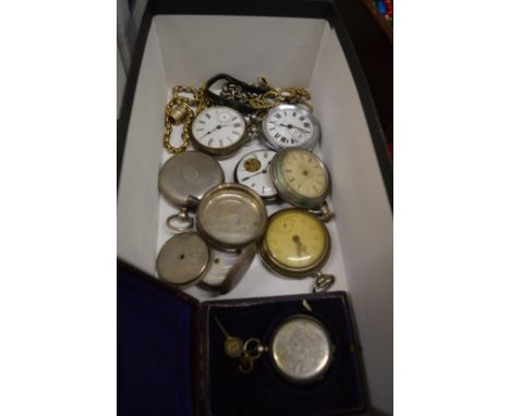 Quantity of silver pocket watches, one with original box and key together with various fob watch chains.