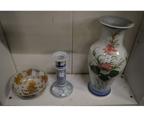 Large decorative vase, a candlestick and a bowl.