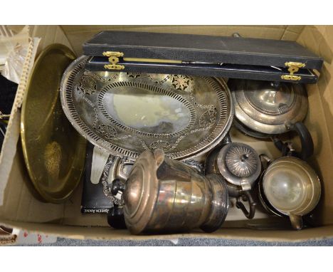 A plated four piece tea service, swing handle basket etc.