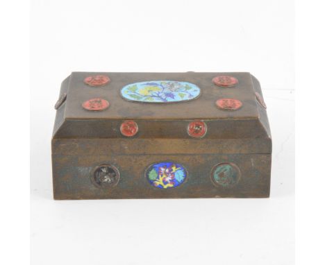 Chinese bronze cigarette box 15.5cm x 10cm, decorated with enamel panels and discs.