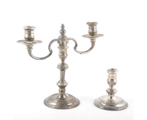 Silver two-light candelabra, William Comyns &amp; Sons Ltd, Sheffield 1965, of early Georgian design, twin scrolled branches,