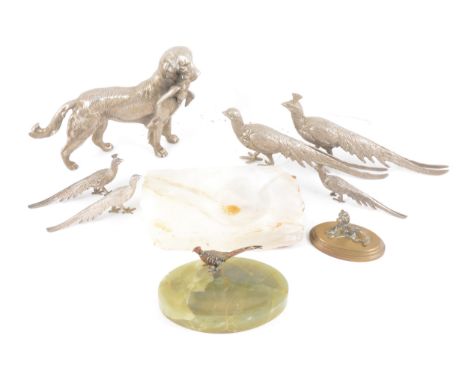 Onyx ashtray, mounted with a cold painted bronze pheasant in the style of Bergman, and other small animal models.