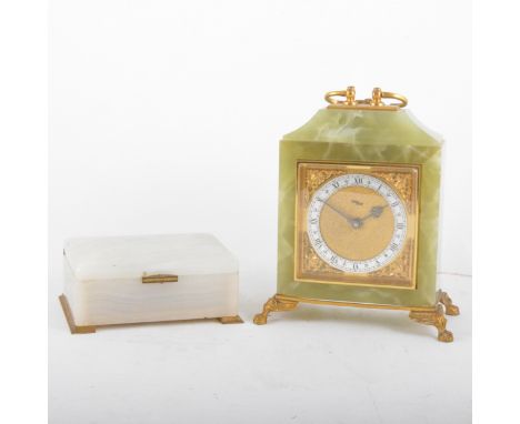 Imhof mantel clock, onyx and brass mounted case, 20cm; and an onyx box, gilt brass mounts, stamped Betjemens Patent.