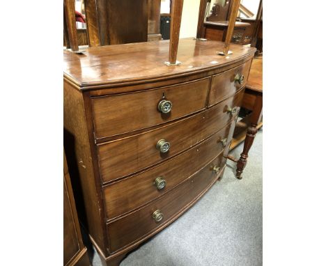 Victorian mahogany bowfront chest of drawers, the top with a reeded edge, two short and three long graduating drawers, bracke
