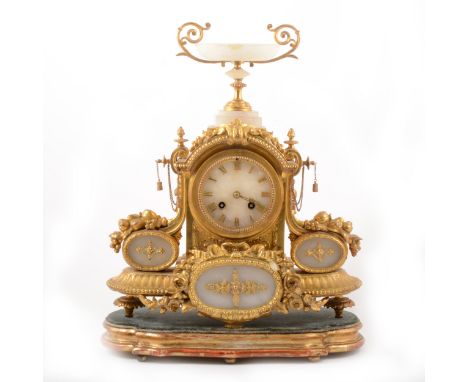 A Louis XVI style gilt metal and alabaster mantel clock, mid 19th century, cylinder movement by Japy Freres, no. 107/604, str