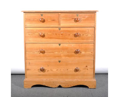 A pine chest of drawers, fitted with two short and three long drawers, bracket feet, width 108cm, height 114cm.