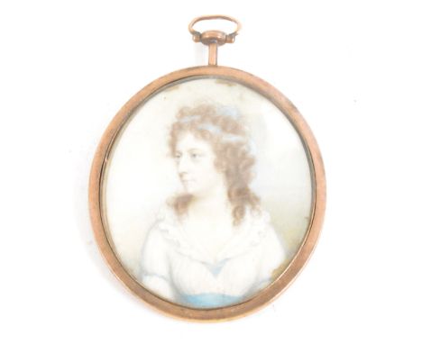 Miniature portrait, head and shoulders of a lady, with ribbons in her hair, on ivory, apparently unsigned, gilt metal frame, 