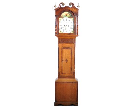 Oak and mahogany longcase clock, arched painted dial signed, .... Oundle, the river landscape scene to the lunet, subsidiary 