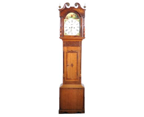 Oak and mahogany longcase clock, arched painted dial signed, .... Oundle, the river landscape scene to the lunet, subsidiary 