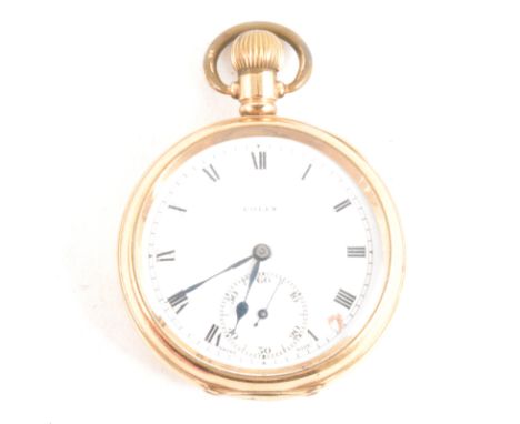 Rolex - a gold-plated open face pocket watch, circular white enamel dial with a roman numeral chapter ring with subsidiary se