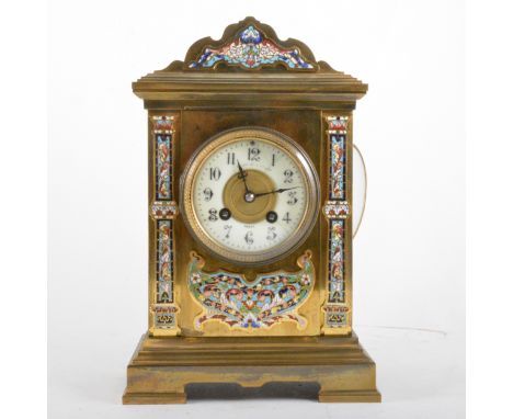 A French lacquered brass and champleve enamel mantel clock, ivorine chapter ring, signed Maple &amp; Co. Ltd, Paris, cylinder