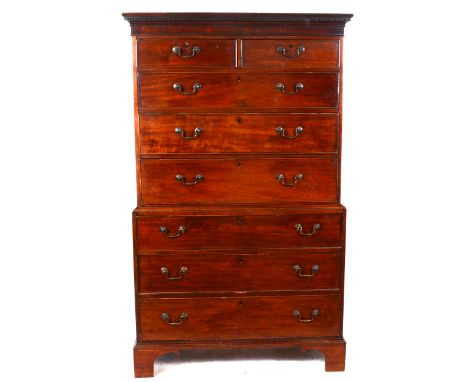 A George III mahogany chest on chest, dentil cornice, plain frieze, fitted with two short and three long drawers to the upper