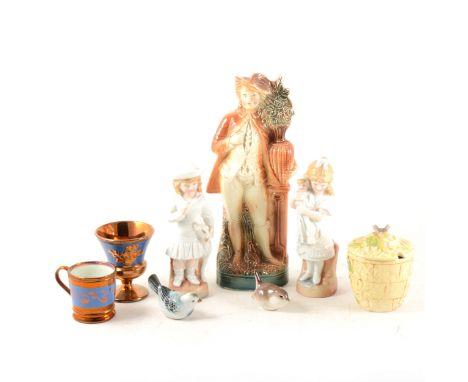 A box of modern and vintage decorative ceramics, copper lustre wares, preserve pots, Nao geese, relief moulded jug, blue and 