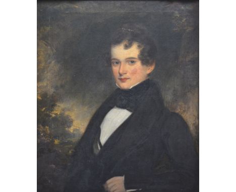 English School, second quarter 19th century, Portrait of a young man, half length, oil on relined canvas, 78cm x 62cm.