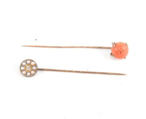 Two stick pins - one a 9mm coral bead, and another with a cluster of an old cut diamond and eight seed pearls, overall diamet