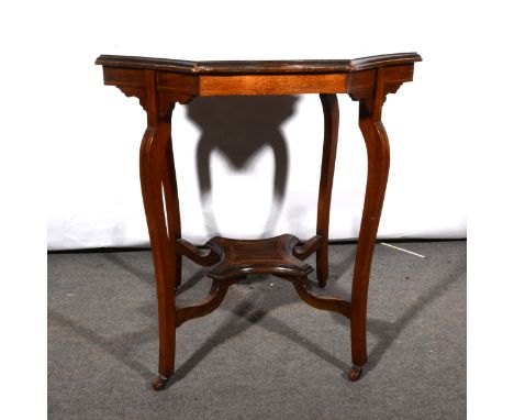 A Victorian rosewood window table, octagonal serpentine top, central inlay, box stringing, cabriole legs joined by a shelf, t