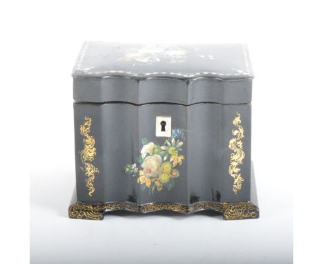 A papier-mache twin compartment tea caddy by Clay of King St. Covent Garden, hand painted and inlaid with mother-of-pearl wit