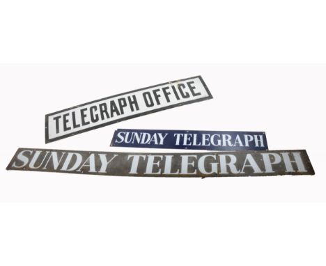 Advertising: Sunday Telegraph enamel signs, 106.5cm x 10cm; another 9cm x 57cm; together with a Telegraph Office enamel sign,